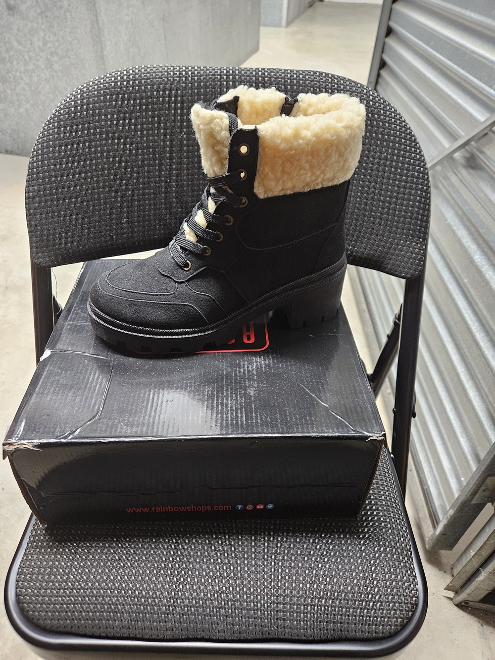 Rouge Helium Black Faux-Suede Shearling Cuff Lace-Up Ankle Boot